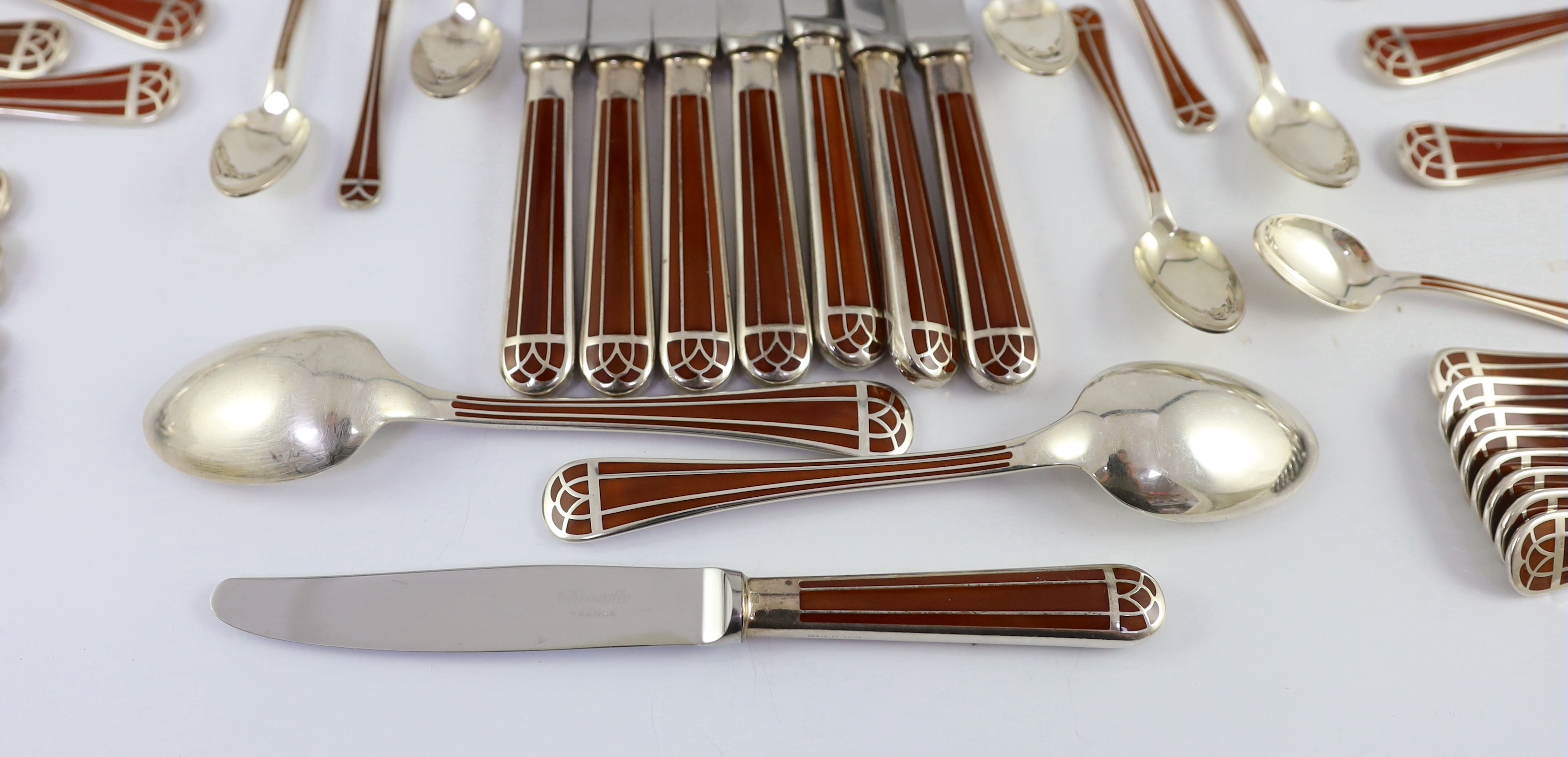 An almost complete canteen of modern Christofle silver plated and Chinese brown lacquer Talisman pattern cutlery for eight, designed by Bernard Yot